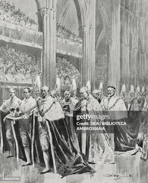 The entry into Westminster Abbey by Edward VII on Coronation day, London, August 9 England, drawing by Adriano Minardi after a sketch by Gennaro...