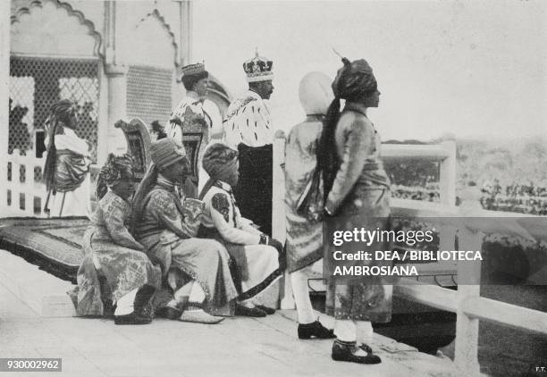 King George V and Queen Mary of Teck greeting the people after the coronation as Emperor of India, Delhi, India, from L'Illustrazione Italiana, Year...