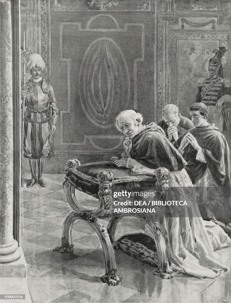 Pope Leo XIII praying before relics
