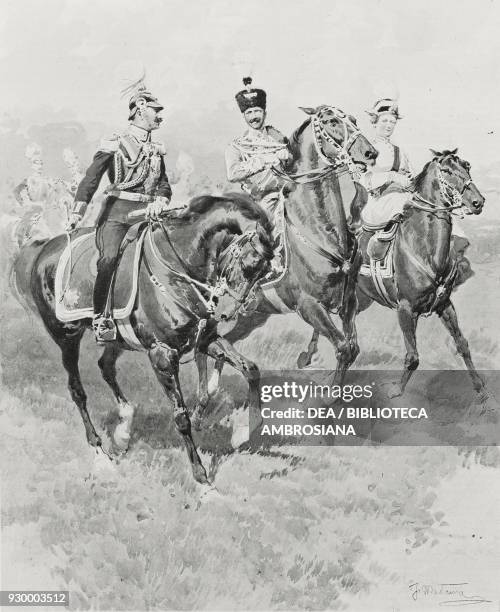 Wilhelm II , Empress Augusta Victoria and Victor Emmanuel III at the military review of Tempelhof, Berlin, Germany, drawing by Fortunino Matania...