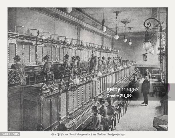 berlin telephone exchange, germany, published in 1898 - breaking new ground photos stock illustrations