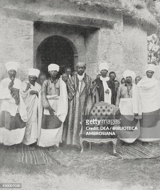 Parag Gabru, head of the Ethiopian Orthodox Church of Adwa, amongst his priests, Ethiopia, photo by L Naretti, from L'illustrazione Italiana, Year...