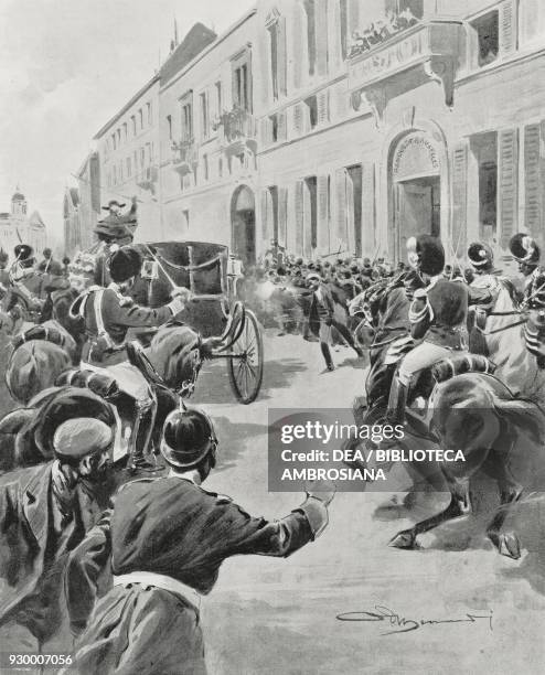 Italian anarchist Gennaro Rubino attacking King Leopold II , Brussels, Belgium, November 15 drawing by Adriano Minardi after a sketch by Servais...