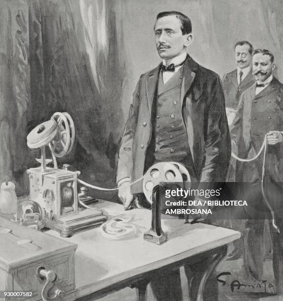 Guglielmo Marconi receiving the first Atlantic wireless transmission from Cornwall, December 12 drawing by Gennaro Amato, from L'Illustrazione...