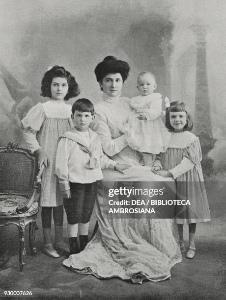 Portrait of Helen of Savoy , Queen Consort of Italy, together with her children Iolanda , Umberto , Giovanna and Mafalda , photo by Guigoni and...