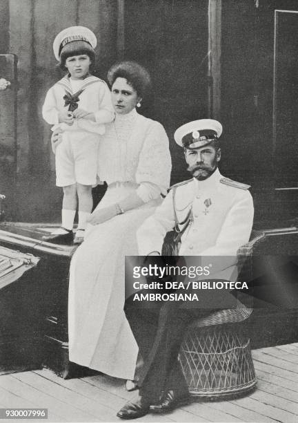 Portrait of Nicholas II Romanov with his wife Alexandra Feodorovna Romanova and son Alexei Nikolaevich Romanov , from L'Illustrazione Italiana, Year...