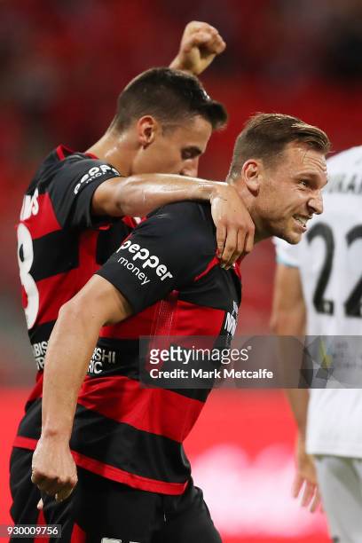 Brendon Santalab of the Wanderers celebrates scoring a goal during the round 22 A-League match between the Western Sydney Wanderers and the...