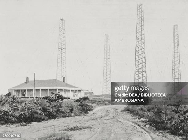 View of the cottage and four towers of Guglielmo Marconi's first telegraph station in South Wellfleet, Cape Cod, United States of America, from...