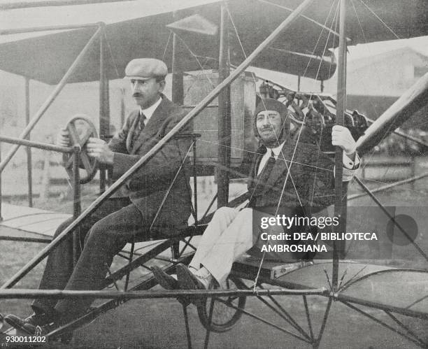 Gabriele d'Annunzio taking off on a first flight with pilot Glenn Hammond Curtiss at the Aerial Circuit of Brescia Italy, photo by Fiorilli, from...