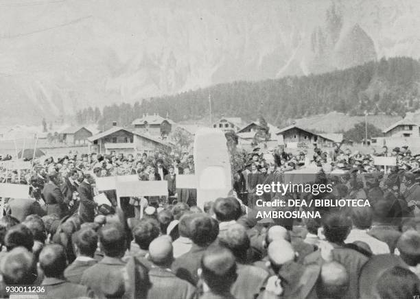 Commemoration for the workers who died during construction of the Loetschberg tunnel, Kandersteg cemetery, Switzerland, from L'Illustrazione...