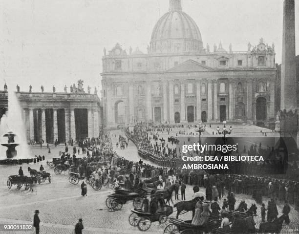 King Edward VII of the United Kingdom leaving the Vatican in a carriage, April 29 Rome, Italy, photograph by Abeniacar, from L'Illustrazione...