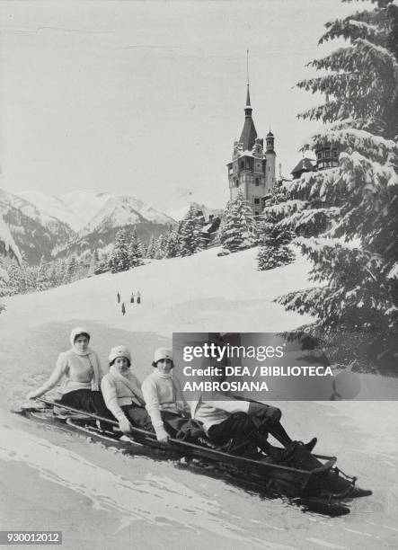 Prince Charles of Romania winning a bob race, in front of Peles castle, Sinaia, Romania, from L'Illustrazione Italiana, Year XXXVIII, No 2, January...