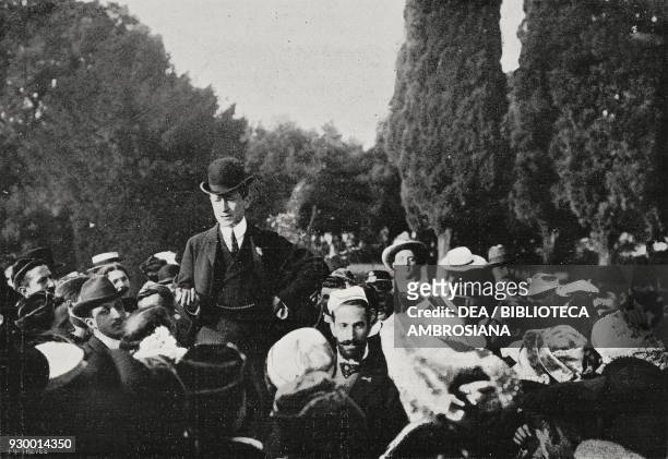 Guglielmo Marconi at the party organised by students at Palatine Hill, Rome, Italy, photograph by Dante Paolocci, from L'Illustrazione Italiana, Year...
