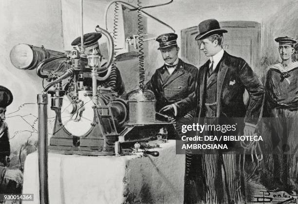 Guglielmo Marconi in the engine room of the Wireless telegraph station in Monte Mario, Rome, Italy, drawing by Dante Paolocci, from L'Illustrazione...