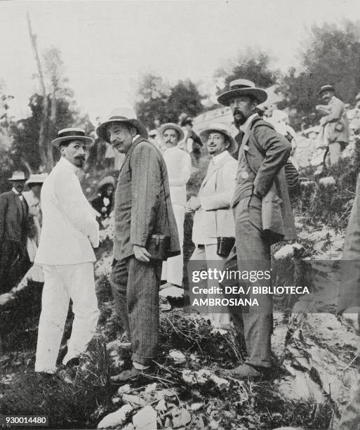 Plinio Nomellini , Gabriele d'Annunzio and Clement Origo at the Carrara mine, Italy, from L'Illustrazione Italiana, Year XXXIV, No 30, July 28, 1907.