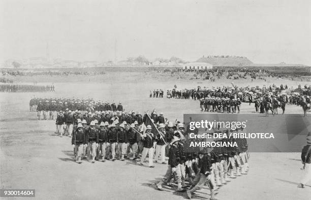 International troop parade in Chania, Crete, Greece, photograph by P Diamantopulos, from L'Illustrazione Italiana, Year XXX, No 22, May 31, 1903.