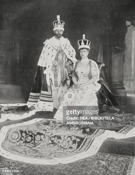 King George V and Queen Mary of Teck immediately after the coronation at Buckingham Palace, London, United Kingdom, from L'Illustrazione Italiana,...