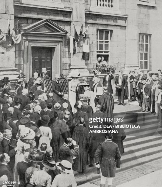 King George V and Queen Mary of Teck at the University of Dublin, Ireland, Topical photograph, from L'Illustrazione Italiana, Year XXXVIII, No 30,...
