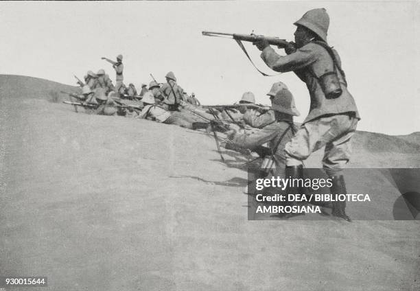 Patrol by the Lodi cavalry under Captain Pirandello, Battle of Zanzur, September 20 Libya, Italian-Turkish war, from L'Illustrazione Italiana, Year...