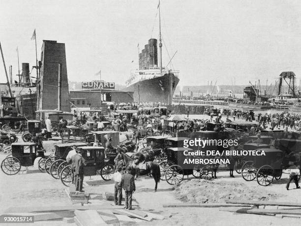 Arrival of the British ocean liner RMS Lusitania in the docks of the Cunard Line in New York, September 13 United States of America, photograph by...