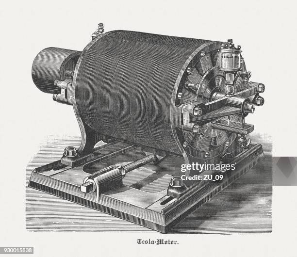 stockillustraties, clipart, cartoons en iconen met historische tesla motor met 12 palen, houtgravure, gepubliceerd 1898 - elektrische motor