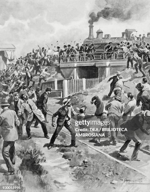 Clash between workers and police on the Pietrasanta railway bridge during the general strike, Milan, October 11 Italy, drawing by Gennaro Amato from...