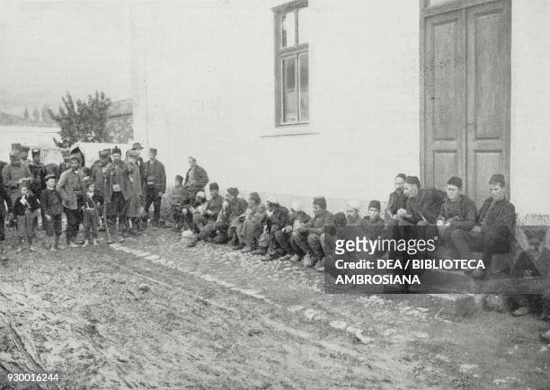 Turkish soldiers taken prisoner by Serbian troops in Kumanovo, Serbia, First Balkan War, photograph by Aldo Molinari, from L'Illustrazione Italiana,...