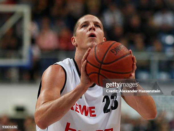 Casey Jacobsen of Bamberg shoots during the Basketball Bundesliga match between Brose Baskets Bamberg and Telekom Baskets Bonn at the Jako Arena on...