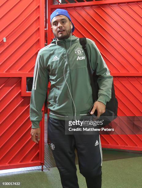 Sergio Romero of Manchester United arrives ahead of the Premier League match between Manchester United and Liverpool at Old Trafford on March 10,...