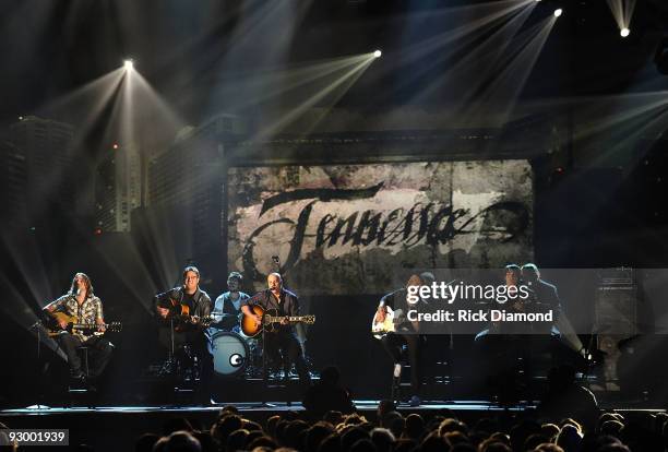 Musicians Vince Gill and Chris Daughtry of Daughtry performs onstage during the 43rd Annual CMA Awards at the Sommet Center on November 11, 2009 in...