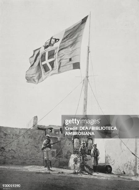 The first Italian flag raised above Gargaresk fort in Tripoli, Libya, Italian-Turkish war, photograph by Aldo Molinari, from L'Illustrazione...