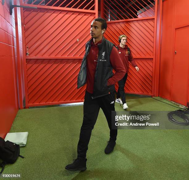 Joel Matip of Liverpool arrives before the Premier League match between Manchester United and Liverpool at Old Trafford on March 10, 2018 in...