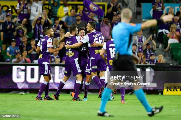 The Glory celebrate after Joel Chianese of the Glory scored during the round 22 A-League match between the Perth Glory and the Central Coast Mariners...