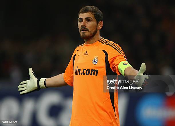 Iker Casillas of Real Madrid during the UEFA Champions League Group C match between AC Milan and Real Madrid at the San Siro on November 3, 2009 in...