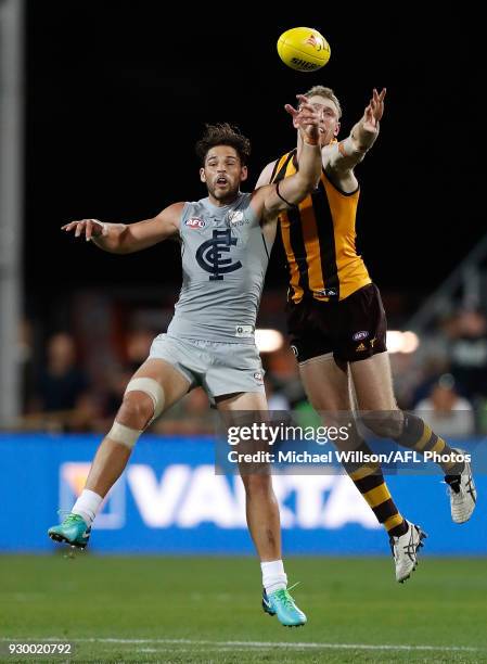 Ben McEvoy of the Hawks and Levi Casboult of the Blues compete in a ruck contest during the AFL 2018 JLT Community Series match between the Hawthorn...