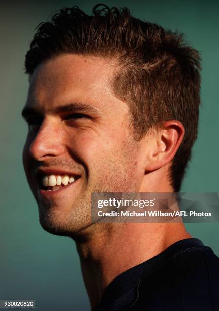 Marc Murphy of the Blues looks on during the AFL 2018 JLT Community Series match between the Hawthorn Haws and the Carlton Blues at UTAS Stadium on...