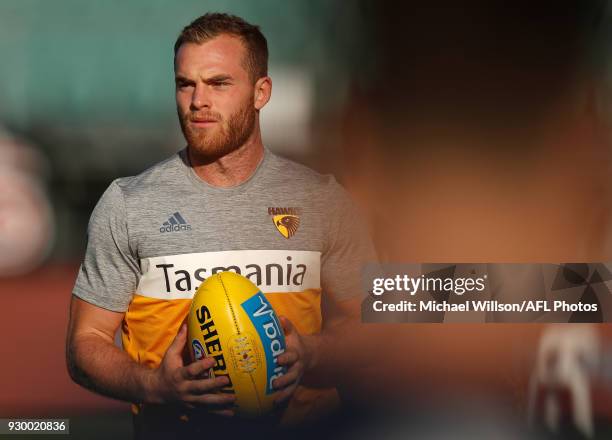 Tom Mitchell of the Hawks looks on during the AFL 2018 JLT Community Series match between the Hawthorn Haws and the Carlton Blues at UTAS Stadium on...