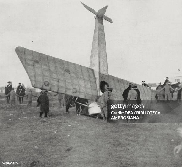 Roland Garros' Morane-Saulnier after landing in Piazza d'Armi in Rome, December 22 Italy, photograph by Lamp, from L'Illustrazione Italiana, Year...