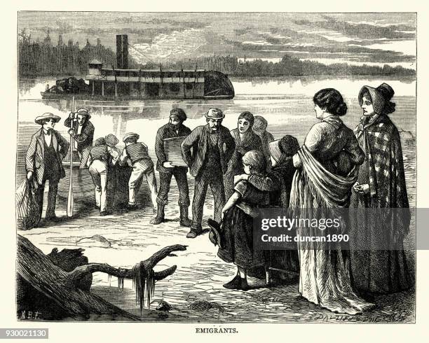 emigrants disembarking from a steamboat, 19th century america - immigrant stock illustrations