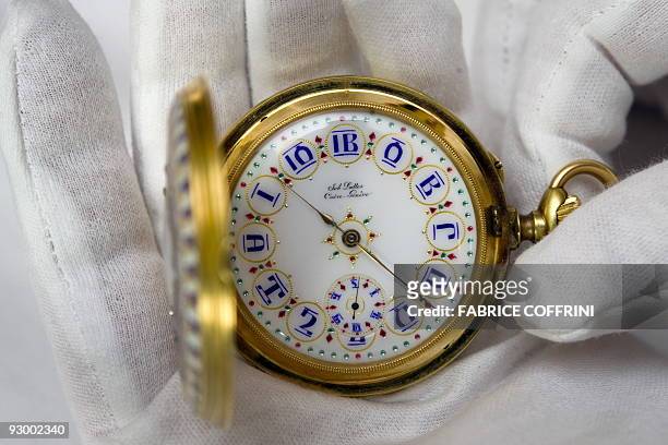 Rare example of an eightenn carat gold, enamel, ruby and diamond chronometer watch made specially for the Emperor Menelik II of Ethiopia is displayed...