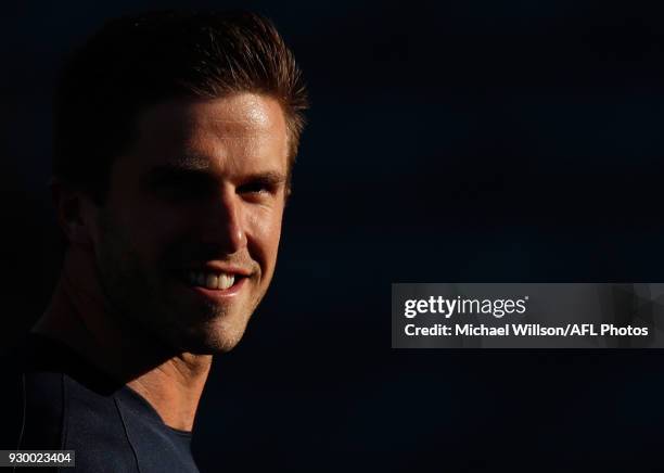 Marc Murphy of the Blues looks on during the AFL 2018 JLT Community Series match between the Hawthorn Haws and the Carlton Blues at UTAS Stadium on...