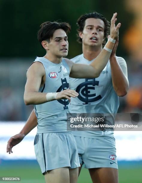 Zac Fisher and Jack Silvagni of the Blues celebrate during the AFL 2018 JLT Community Series match between the Hawthorn Haws and the Carlton Blues at...