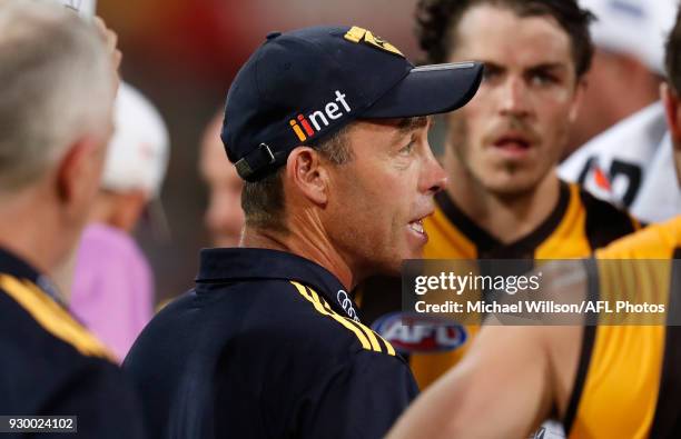 Alastair Clarkson, Senior Coach of the Hawks addresses his players during the AFL 2018 JLT Community Series match between the Hawthorn Haws and the...