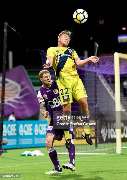 Jacob Melling of the Mariners heads the ball during the round 22 A-League match between the Perth Glory and the Central Coast Mariners at nib Stadium...