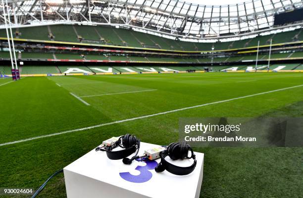 Dublin , Ireland - 10 March 2018: TV3 pitchside studio ready prior to the NatWest Six Nations Rugby Championship match between Ireland and Scotland...