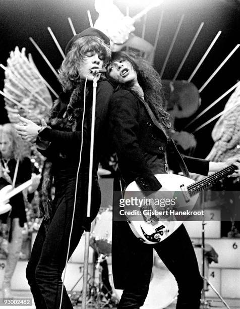 The New York Dolls perform live on TopPop TV show for AVRO TV at Hilversum Studios on December 06 1973 L-R David Jahansen Johnny Thunders