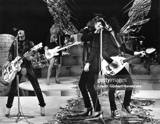 The New York Dolls perform live on TopPop TV show for AVRO TV at Hilversum Studios on December 06 1973 L-R Sylvain Sylvain Arthur Kane David Jahansen...