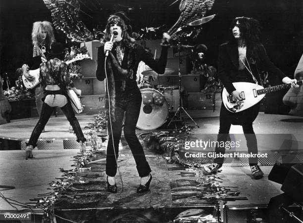 The New York Dolls perform live on TopPop TV show for AVRO TV at Hilversum Studios on December 06 1973 L-R Arthur Kane Sylvain Sylvain David Jahansen...