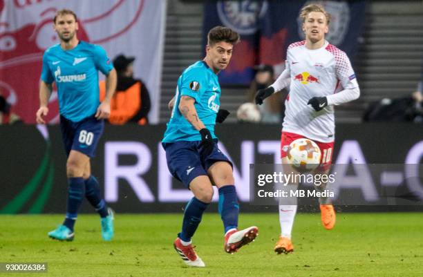 Europa League Round of 16, First leg. Football match at RB Arena: RB Leipzig 2 - 1 Zenit . Zenit St Petersburg's Branislav Ivanovich , Emiliano...