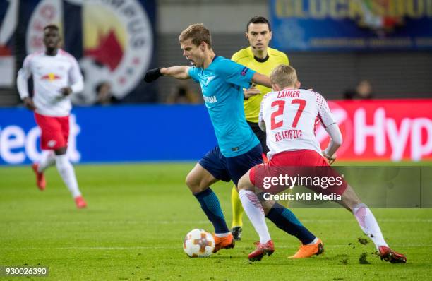 Europa League Round of 16, First leg. Football match at RB Arena: RB Leipzig 2 - 1 Zenit . Zenit St Petersburg's Aleksander Kokorin and RB Leipzig's...